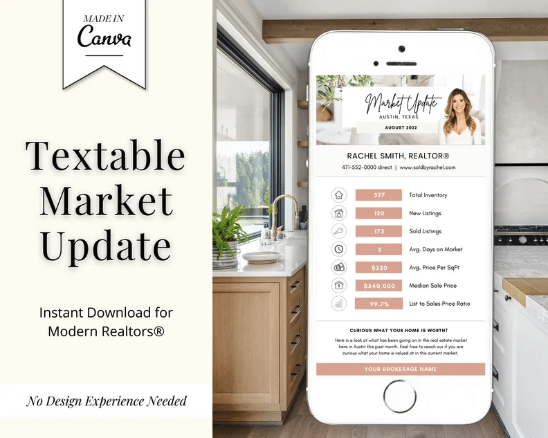 Screenshot of a textable market update template available for purchase on Etsy